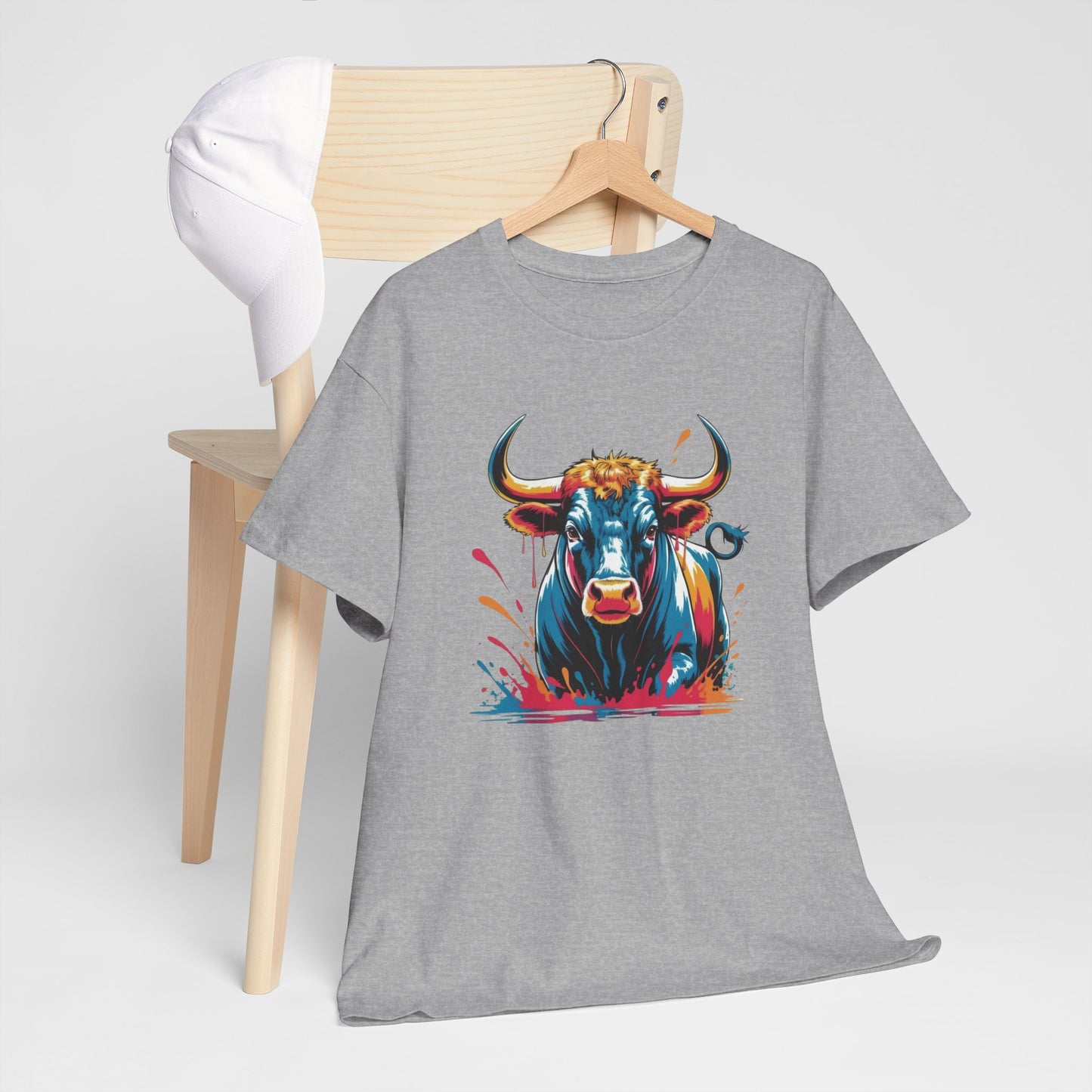 T-Shirt Taureau Adulte – Bull Color Splash Street Art – Tee Shirt Animal Puissant Noir Blanc Gris Cadeau Original