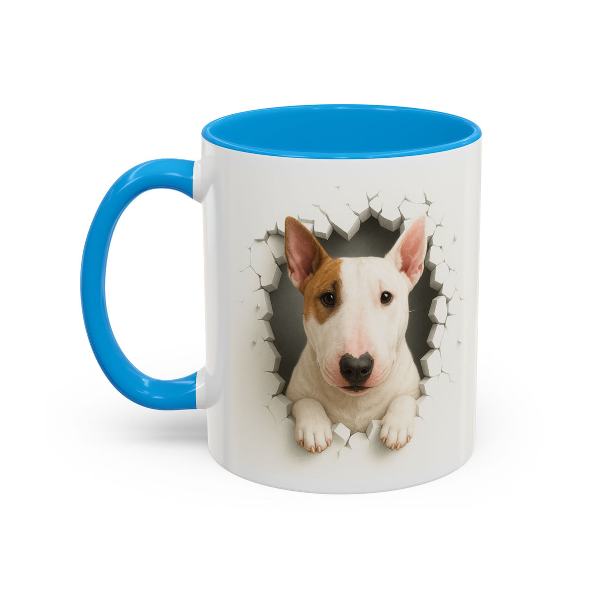 Mug Bull Terrier Effet Mur Cassé – Tasse Chien 3D Trompe-l’œil – Cadeau Original Amoureux du Bull Terrier noir bleu rouge