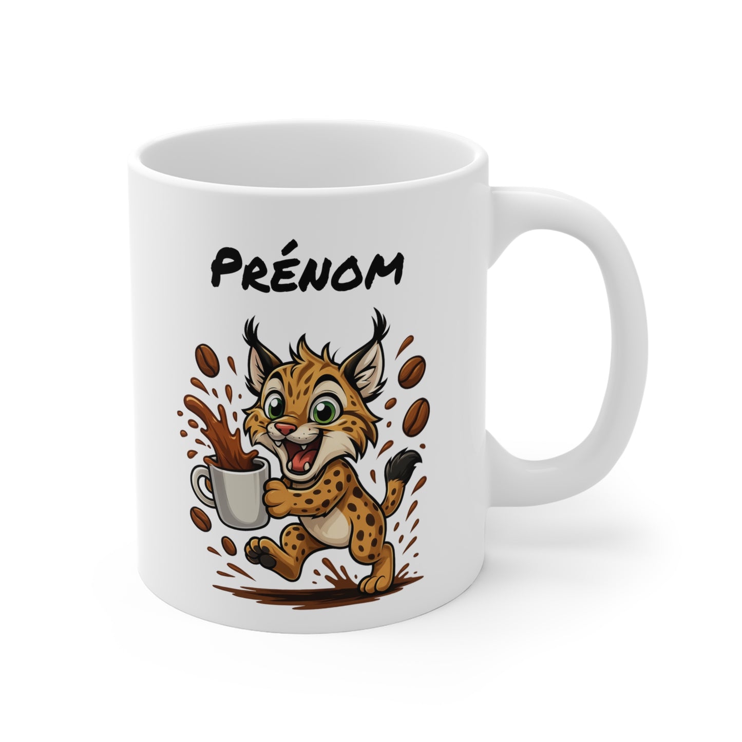 Tasse Personnalisable Lynx Café – Mug Prénom Animal Cartoon Céramique 325ml – Cadeau Original