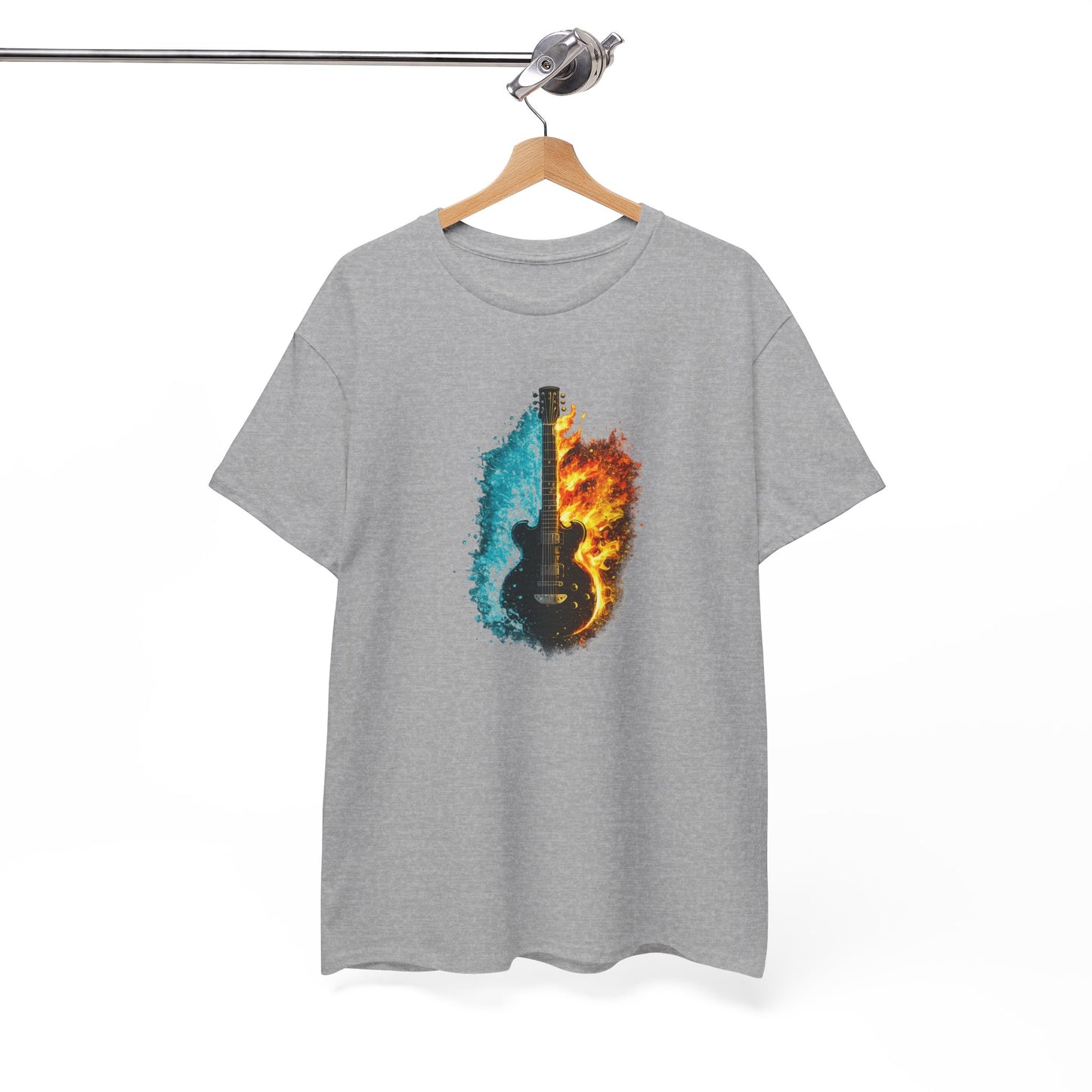 T-Shirt Guitare Feu et Glace – Design Électrique Artistique – Tee-Shirt Musique Rock Original