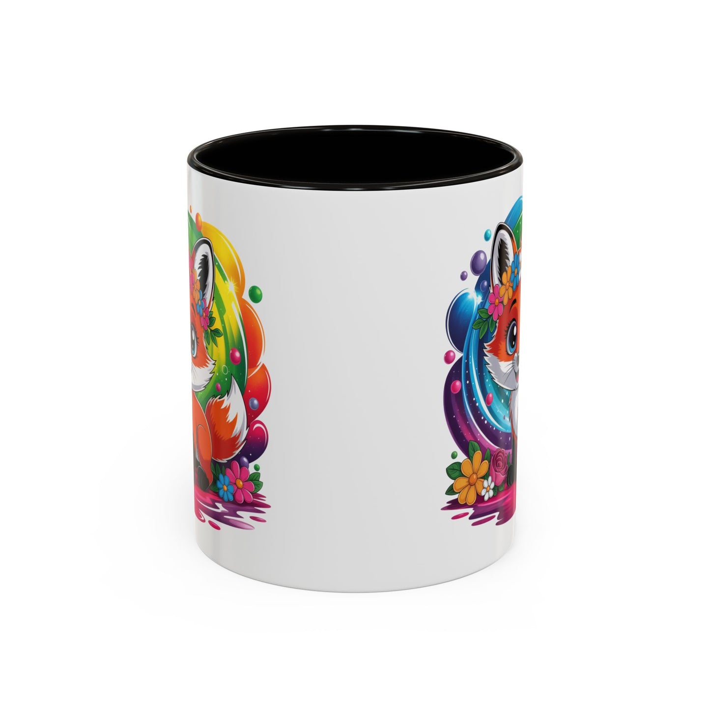 Mug Renard Mignon Multicolore – Tasse Design Kawaii Renard et Fleurs Arc-en-ciel – Cadeau Original 325ml
