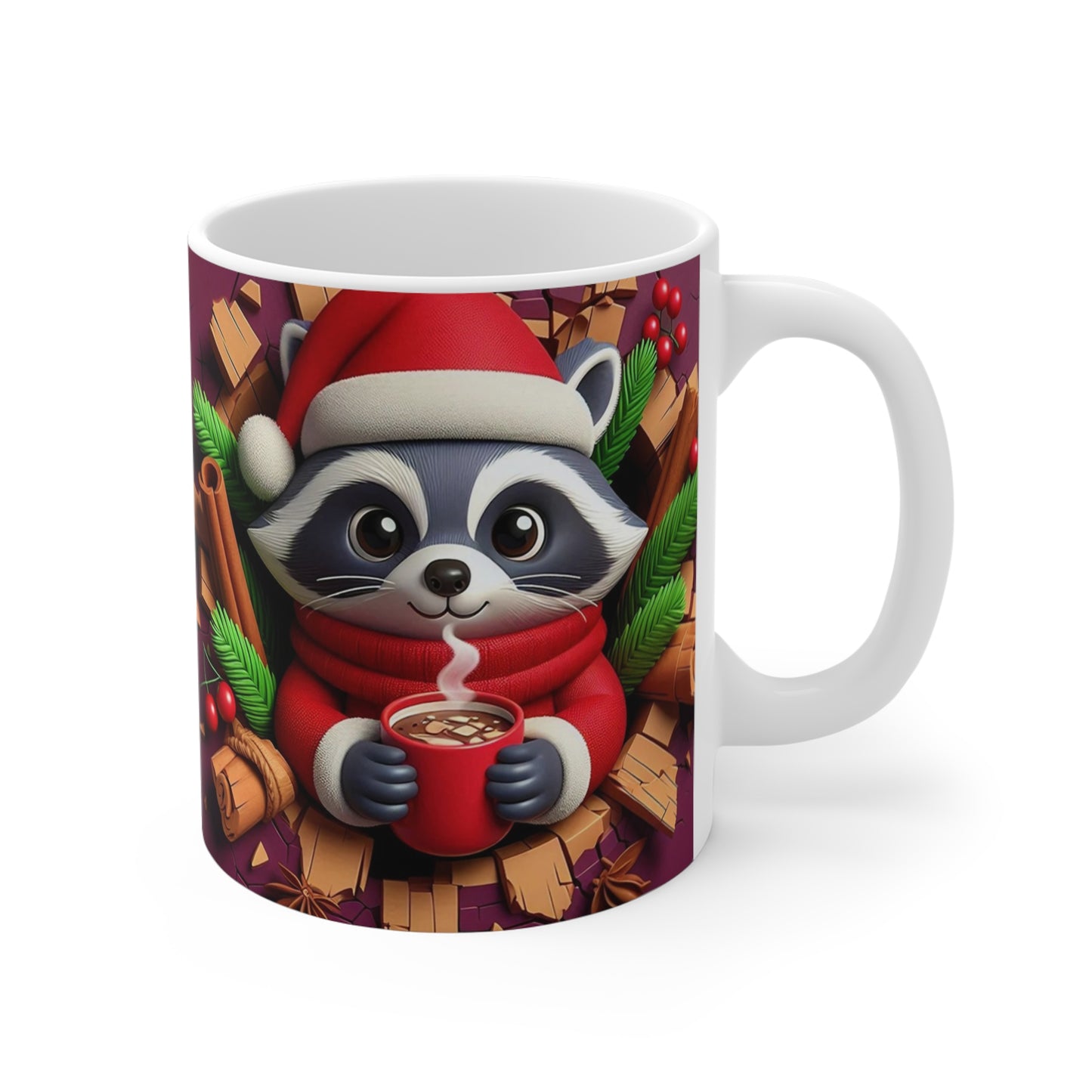 Tasse Raton Laveur Noël – Mug Céramique 325ml – Cadeau Festif Animaux Chocolat Chaud Hiver