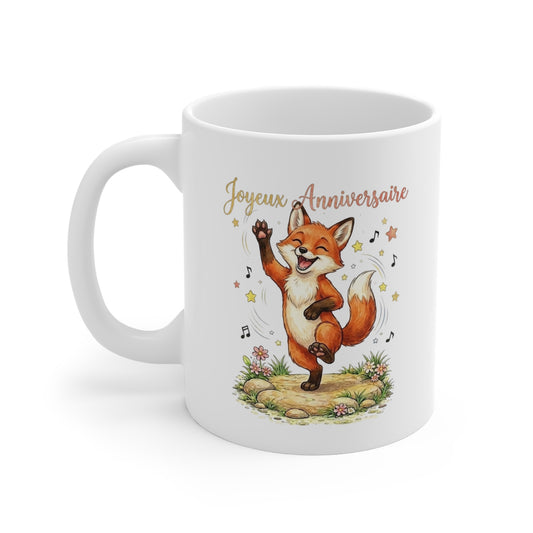 Mug Anniversaire Renard – Tasse Cadeau Anniversaire Original – Renard Rigolo Dansant – Homme et Femme