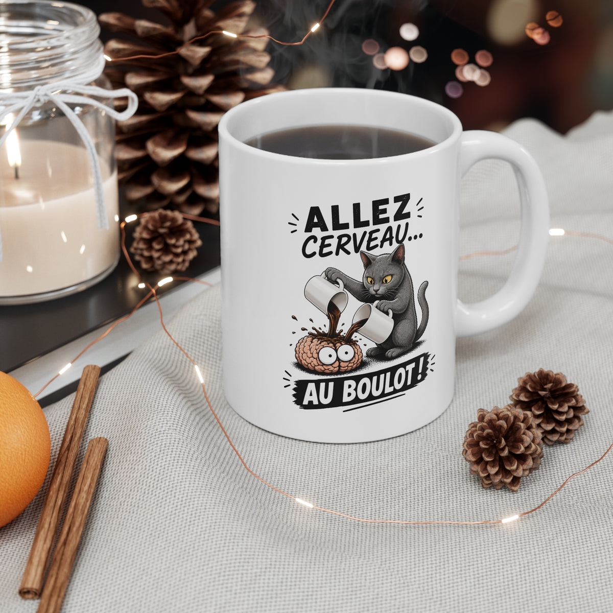 Mug Allez Cerveau Au Boulot – Tasse Humour Chat et Café – Cadeau Drôle Homme et Femme