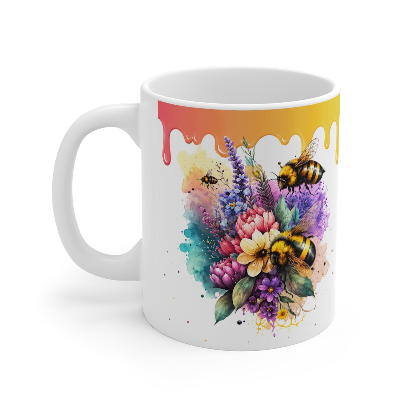 Tasse Abeilles Florales – Mug Fleurs Colorées et Abeilles Aquarelle Arc-en-Ciel – Cadeau Nature Femme 325ml