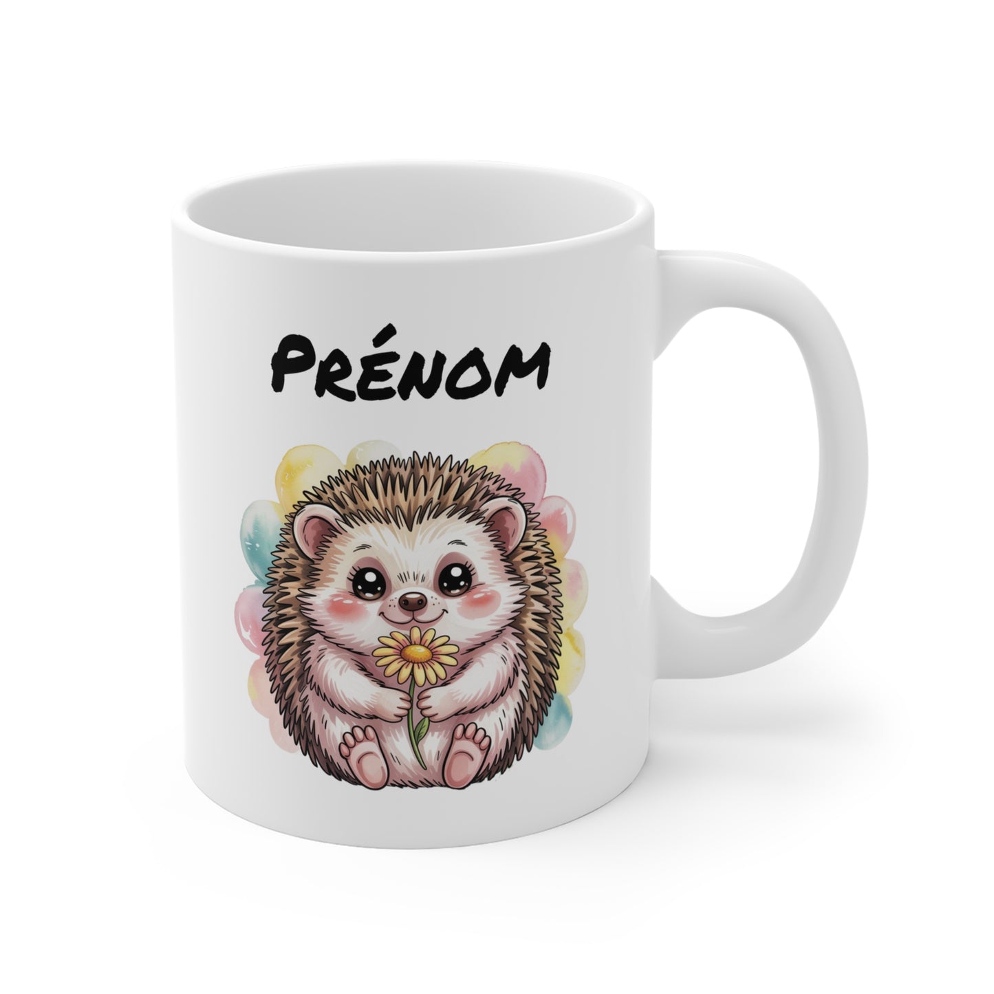 Tasse Personnalisable Hérisson 325ml – Mug Mignon Fleur Jaune Fond Pastel avec Prénom – Cadeau Original