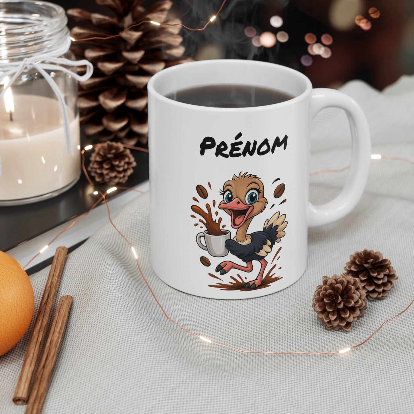 Tasse Personnalisable Autruche Café – Mug Prénom Cartoon – Cadeau Original Amateur de Café 325ml