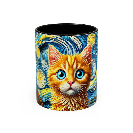 Mug Chaton Style Van Gogh – Tasse Artistique Nuit Étoilée avec Chat Orange aux Yeux Bleus – Cadeau Amoureux des Chats 325ml