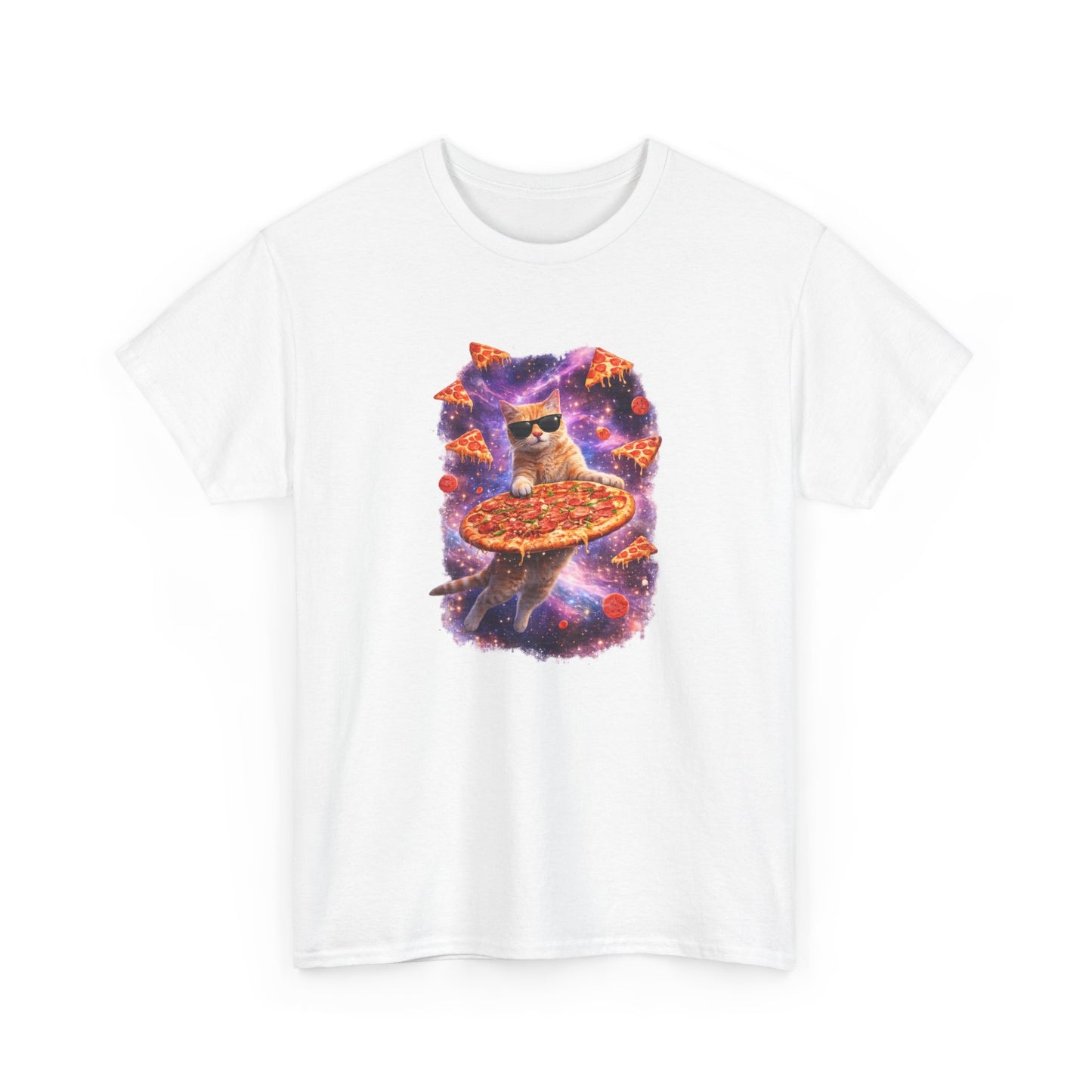 Tee Shirt Chat Pizza Galaxie – Chat drôle lunettes soleil espace – Cadeau humour Blanc Gris Noir