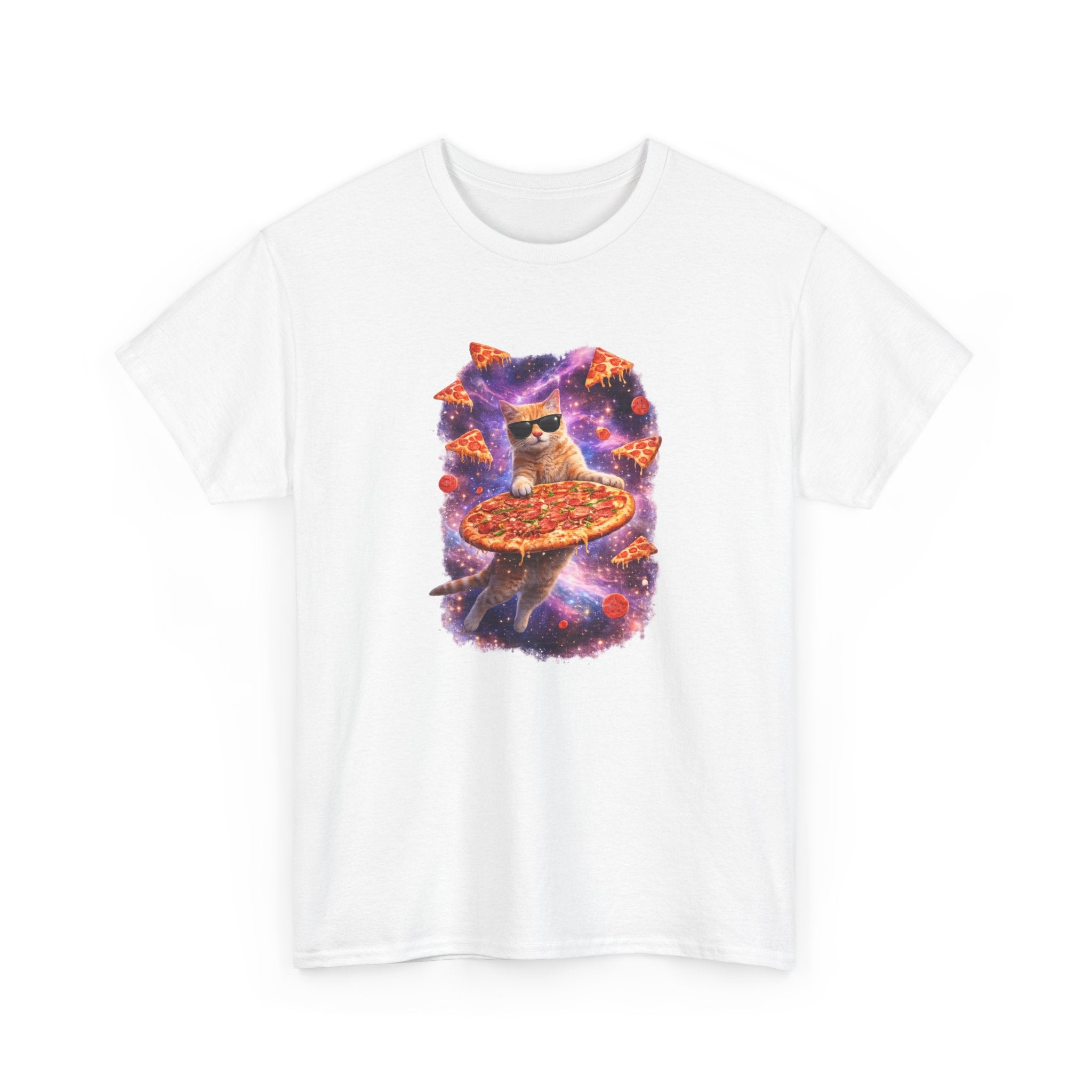 Tee Shirt Chat Pizza Galaxie – Chat drôle lunettes soleil espace – Cadeau humour Blanc Gris Noir