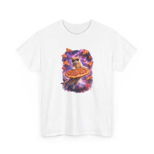 Tee Shirt Chat Pizza Galaxie – Chat drôle lunettes soleil espace – Cadeau humour Blanc Gris Noir