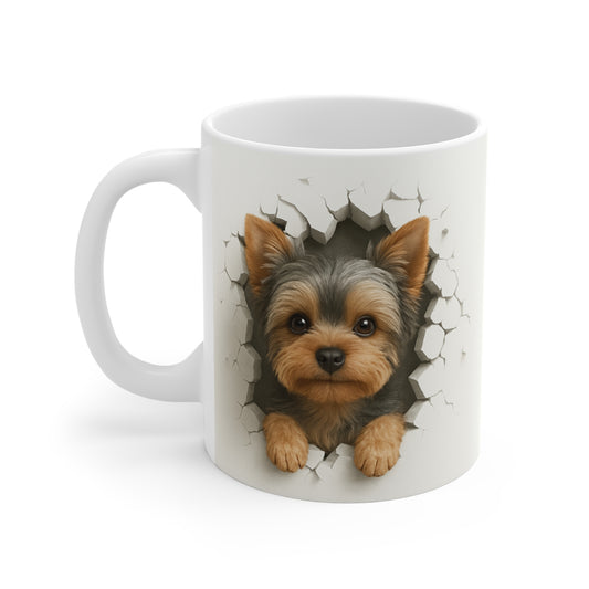 Mug Yorkshire Terrier Effet Mur Cassé – Tasse Chien 3D Trompe-l’œil – Cadeau Original Amoureux du Yorkshire