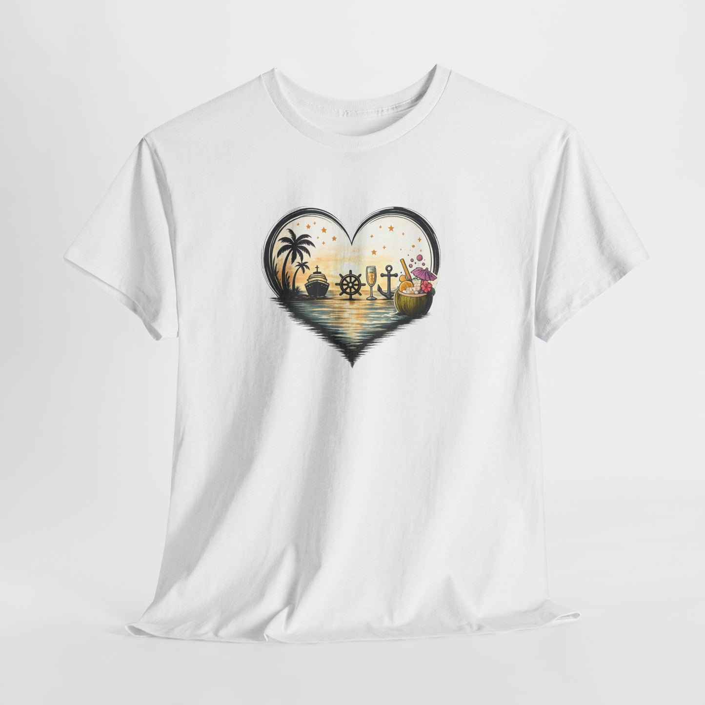T-Shirt Cœur Océan Tropical – Design Voyage Mer et Cocktails – Tee-Shirt Ambiance Vacances et Liberté