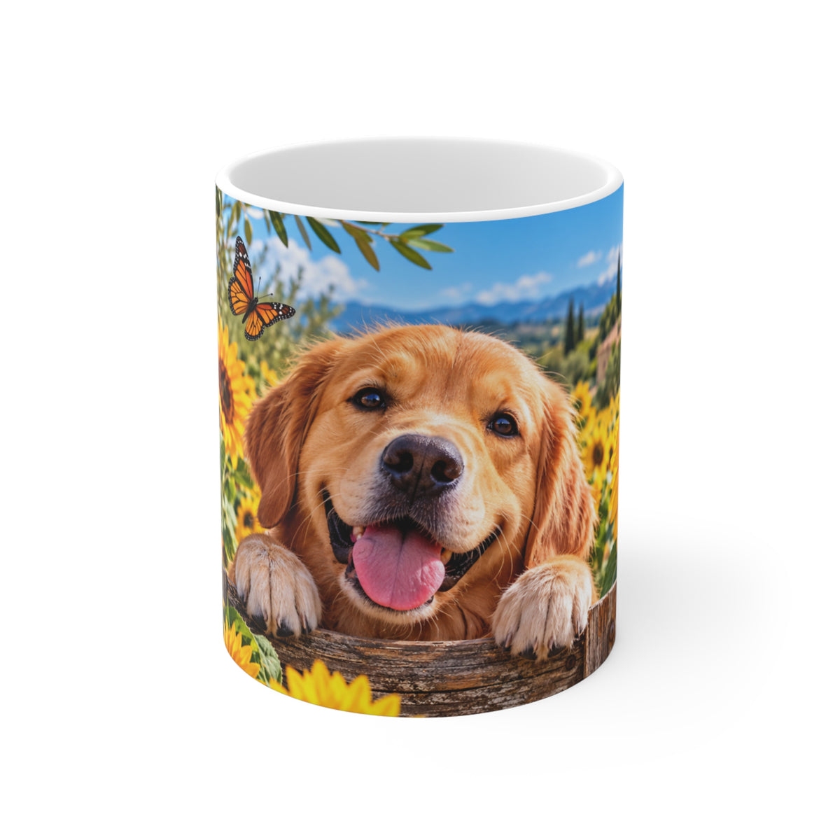 Mug Golden Retriever dans un Champ de Tournesols – Tasse Chien avec Papillon et Paysage de Campagne – Cadeau Original Amoureux des Chiens