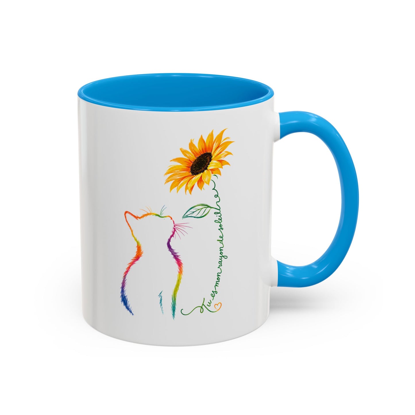 Mug Chat et Tournesol – Tasse Chat Colorée Amour Bonheur – Cadeau Original Amoureux des Chats Homme et Femme Noir Bleu Rouge