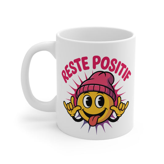 Mug Reste Positif 325ml – Smiley Fun avec Casquette Rose – Tasse Motivée et Originale