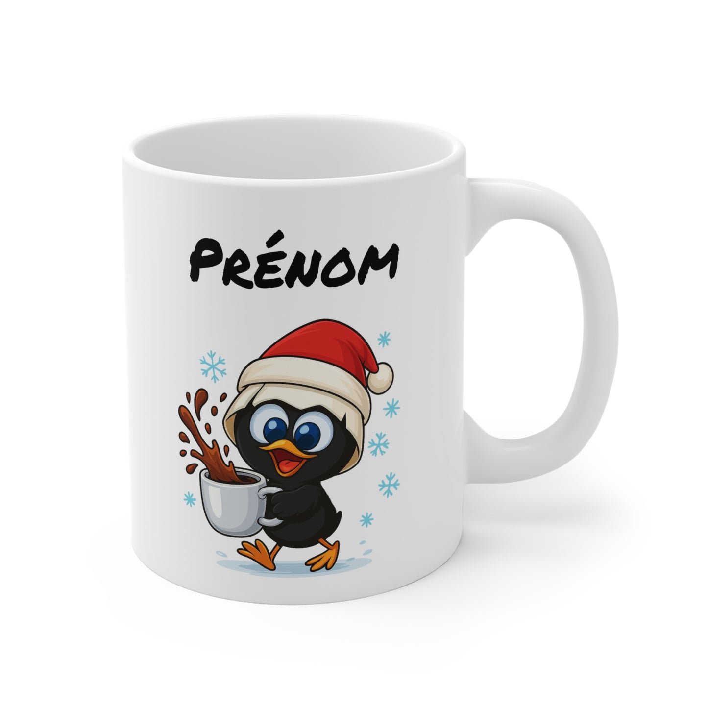 Tasse Personnalisable Calimero  Poussin Noël – Mug Prénom Festif Flocons Mignon 325ml – Cadeau Original Café