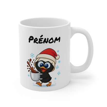 Tasse Personnalisable Calimero  Poussin Noël – Mug Prénom Festif Flocons Mignon 325ml – Cadeau Original Café