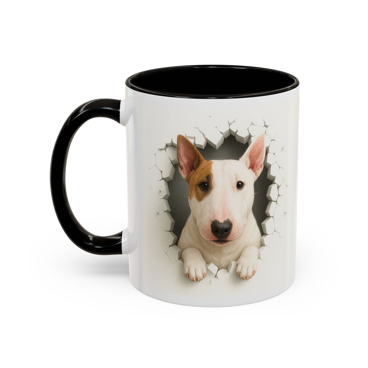Mug Bull Terrier Effet Mur Cassé – Tasse Chien 3D Trompe-l’œil – Cadeau Original Amoureux du Bull Terrier noir bleu rouge