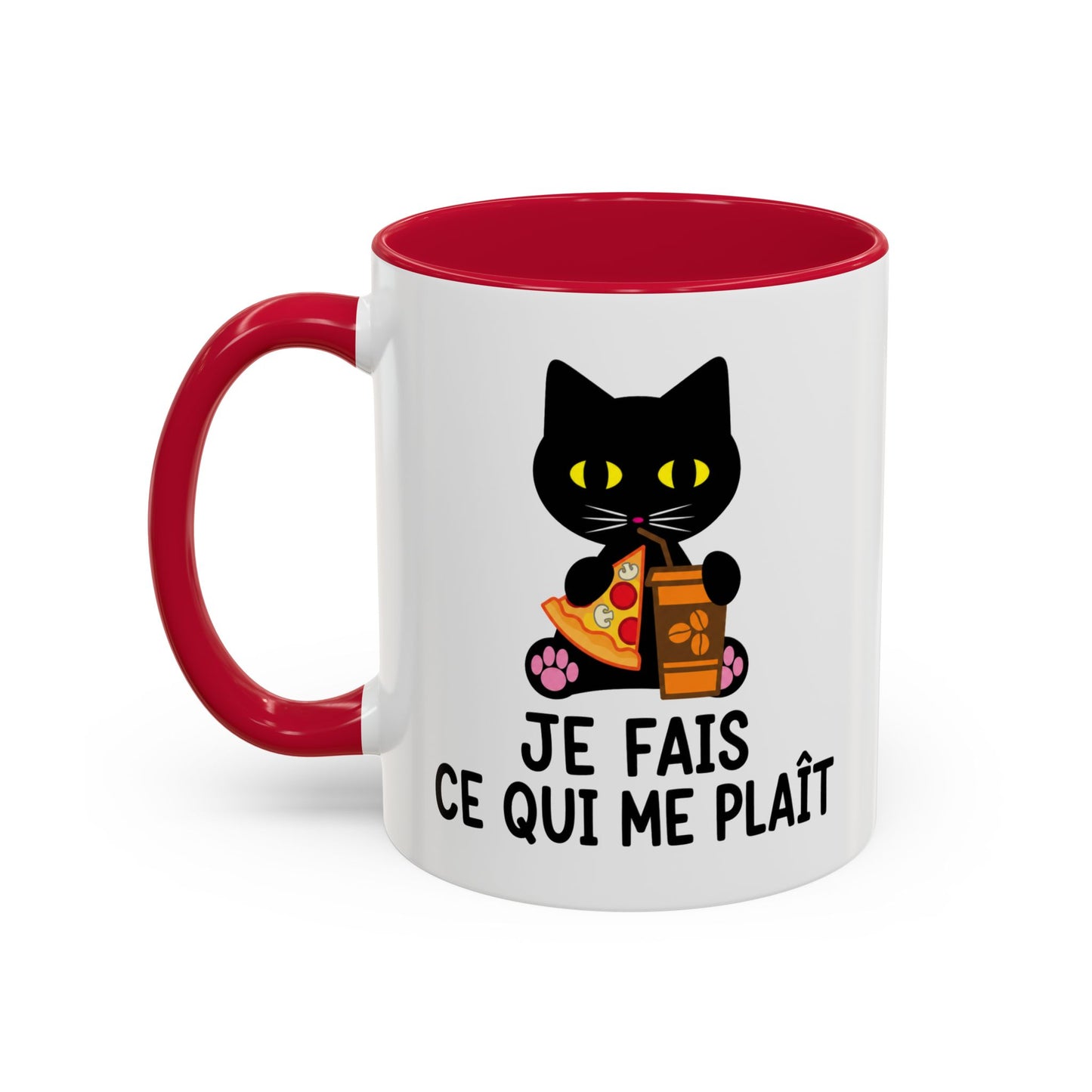 Tasse Chat Homme et Femme – Je Fais Ce Qui Me Plaît – Mug Humour Chat avec Pizza et Café – Cadeau Original Amoureux des Chats – 325 ml