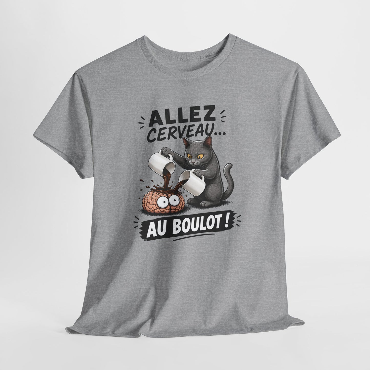 Tee Shirt Humour Homme et Femme – Allez Cerveau au Boulot – T-Shirt Chat Café Fatigue Travail Cadeau Drôle Original