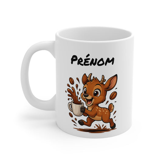 Mug Biche Personnalisable – Tasse Cerf Mignon en Céramique 325ml avec Prénom – Café et Forêt