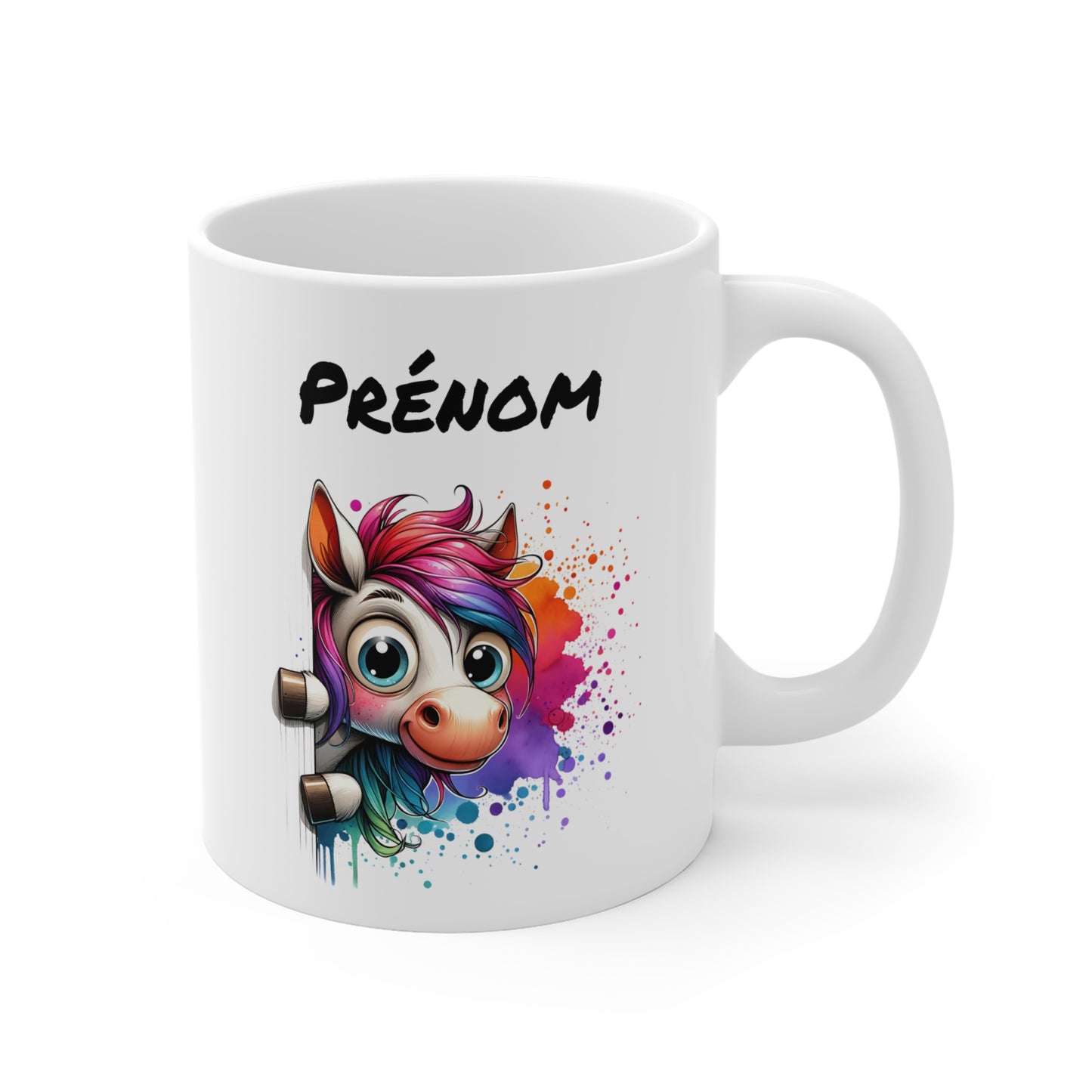 Tasse Personnalisable Cheval Blanc Mignon – Mug Prénom Illustration Arc-en-Ciel Colorée – Cadeau Animal Fantaisie 325ml