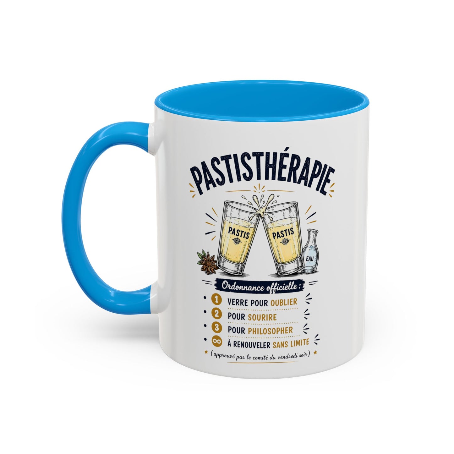 Mug Pastisthérapie Drôle – Tasse Humour Apéro Pastis – Cadeau Original Amateur de Pastis – Céramique 325ml Noir Bleu Rouge