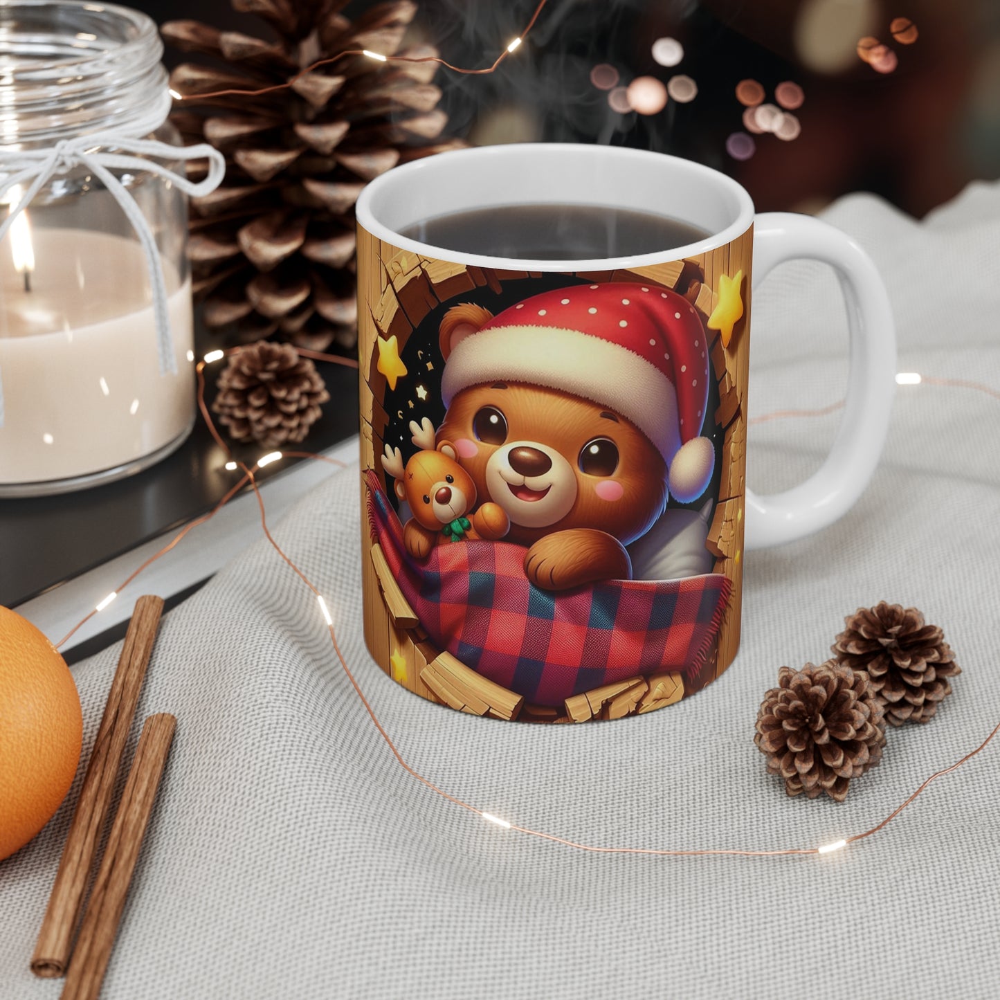 Tasse Ourson de Noël – Mug Céramique 325ml – Cadeau Hiver avec Doudou Renne et Bonnet Rouge