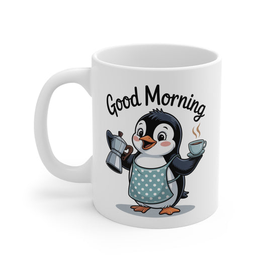 Mug Pingouin Good Morning 325ml – Tasse Céramique Café Tablier à Pois – Cadeau Original Petit Déjeuner