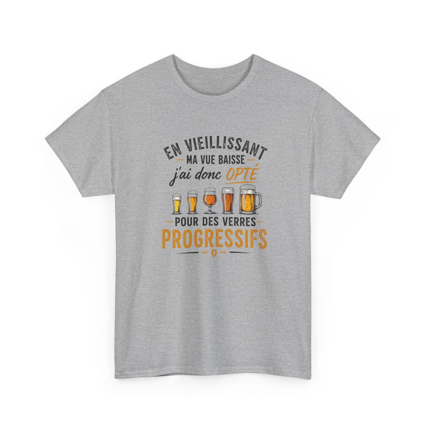 T-Shirt Humour Bière Verres Progressifs – Tee Shirt Drôle Apéro Alcool Citation Amusante Adulte – Cadeau Ami Amateur Bière Noir Blanc Gris