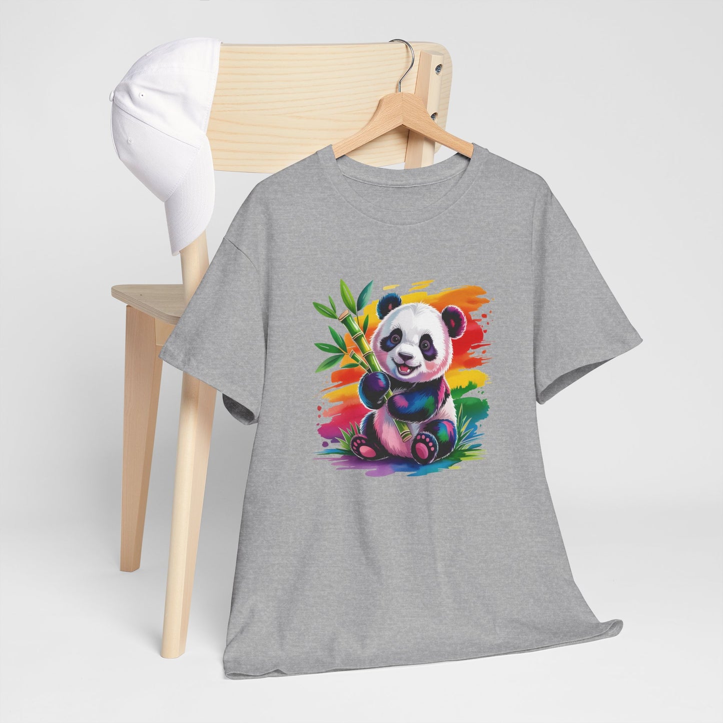 T-Shirt Panda Mignon avec Bambou – Tee Shirt Animal Coloré Aquarelle – Cadeau Kawaii Nature Noir Blanc Gris