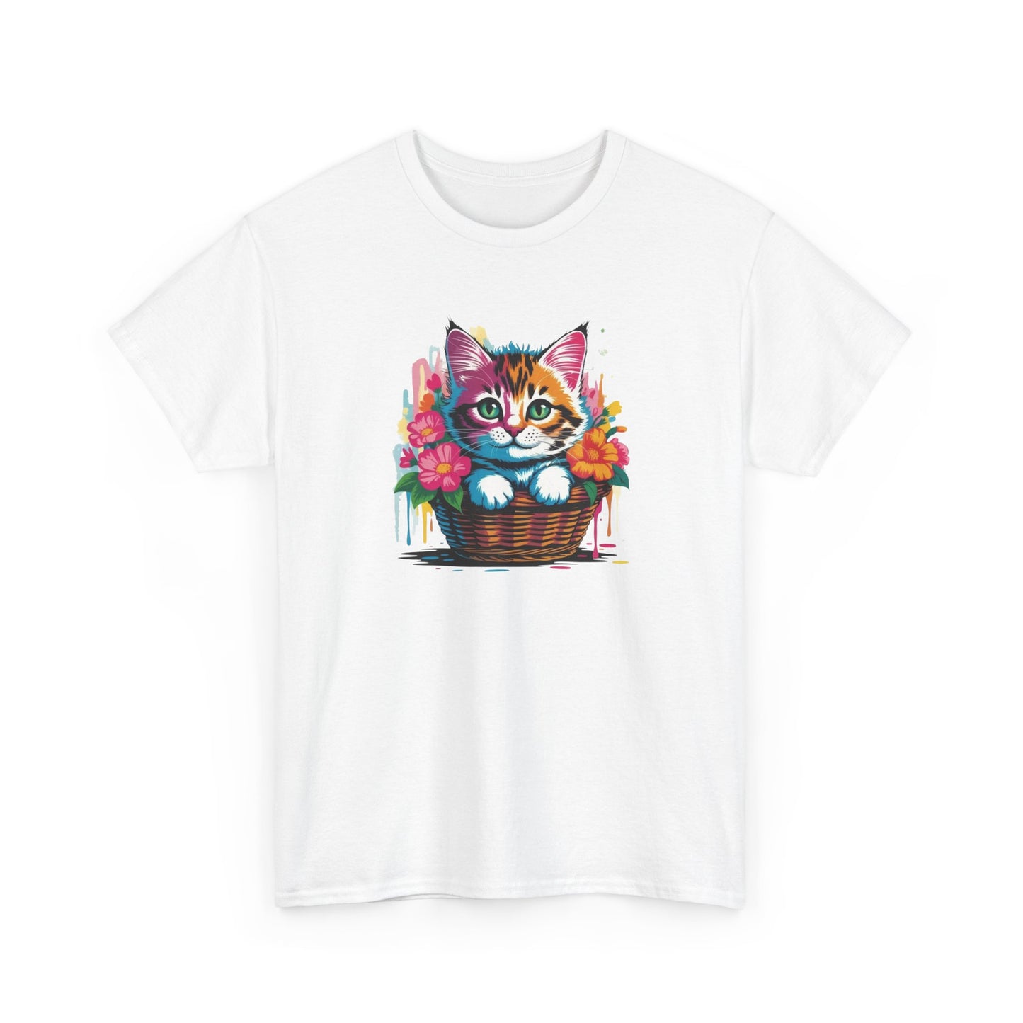 T-Shirt Chaton Mignon Adulte – Chat avec Fleurs Colorées – Tee Shirt Animal Cute Panier Noir Blanc Gris Cadeau