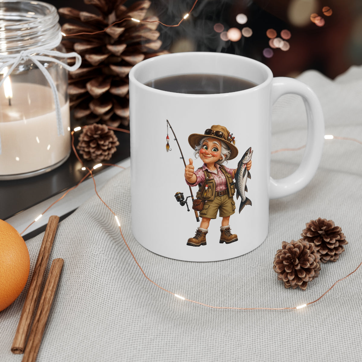 Mug Pêcheuse Femme – Tasse Passion Pêche avec Poisson – Cadeau Original Femme – Amatrice de Pêche