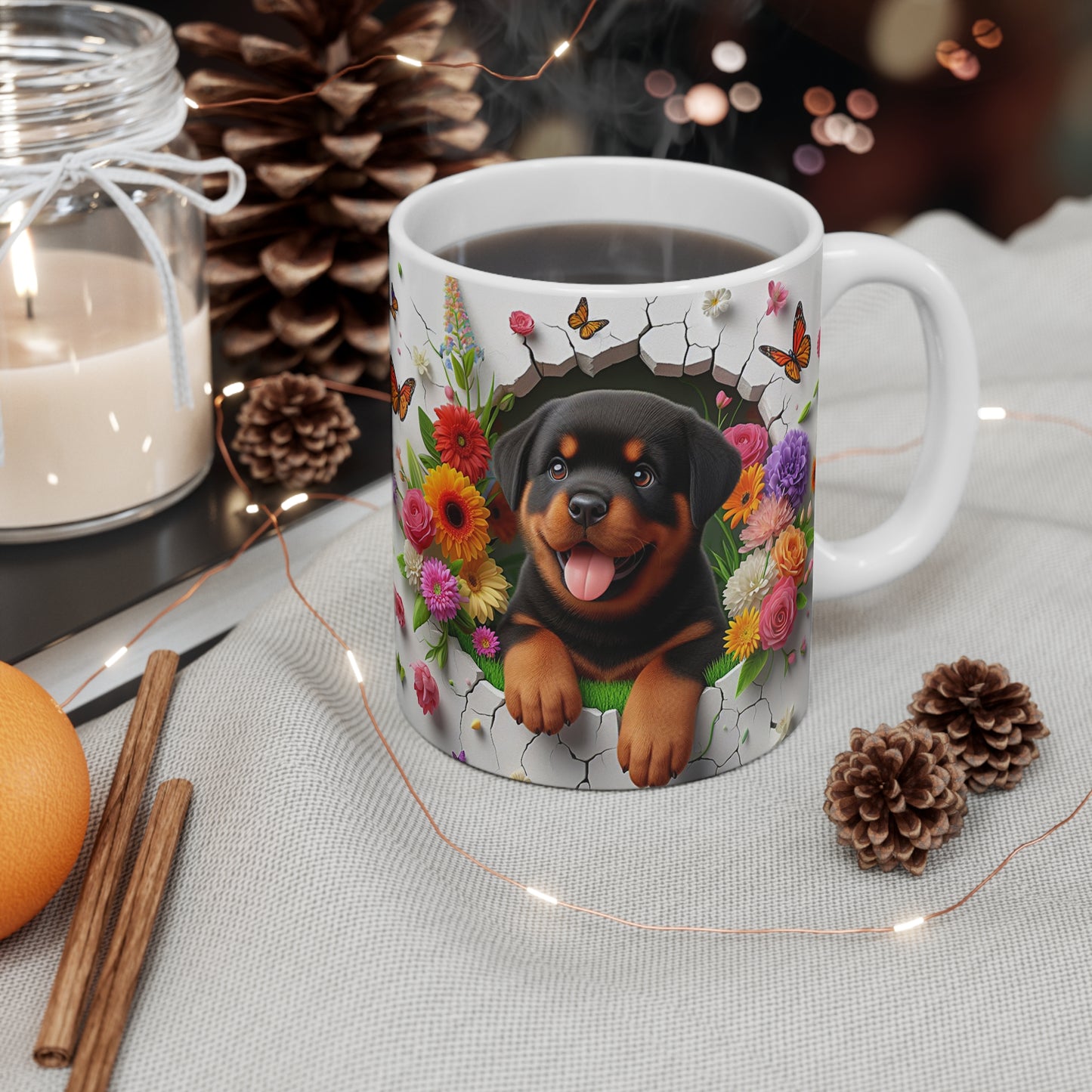Tasse Céramique Rottweiler et Fleurs – Mug Chien Mignon Papillons – Cadeau Animaux Bohème 325ml