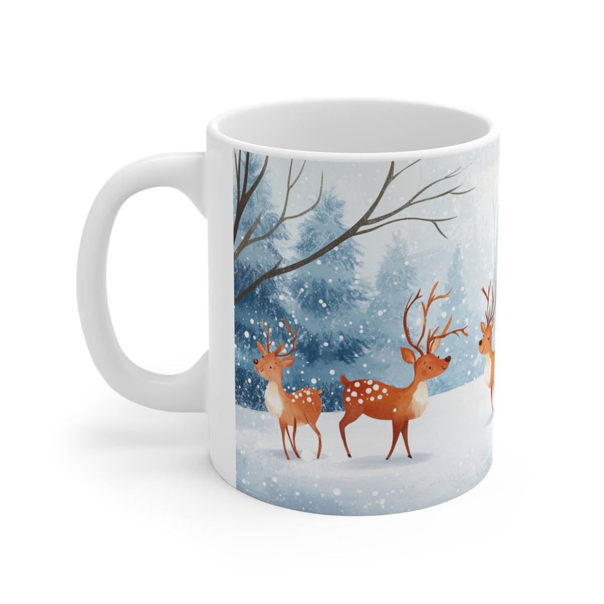 Mug Cerfs dans la Forêt Enneigée – Tasse Hiver Style Aquarelle – Cadeau Original Noël Nature et Animaux