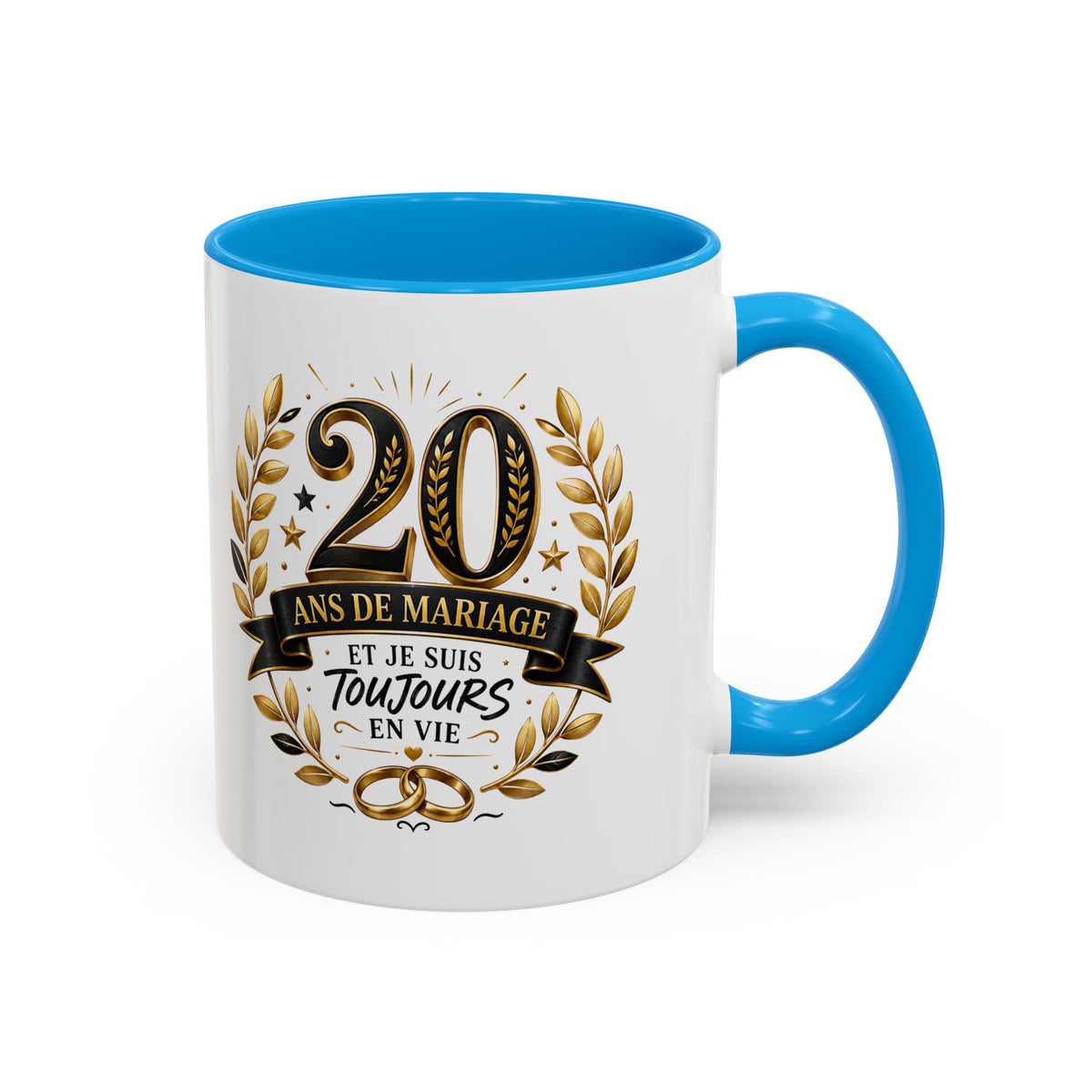 Mug 20 Ans de Mariage et Je Suis Toujours en Vie – Tasse Humoristique Anniversaire de Mariage – Idée Cadeau Couple Noces de Porcelaine noir bleu rouge