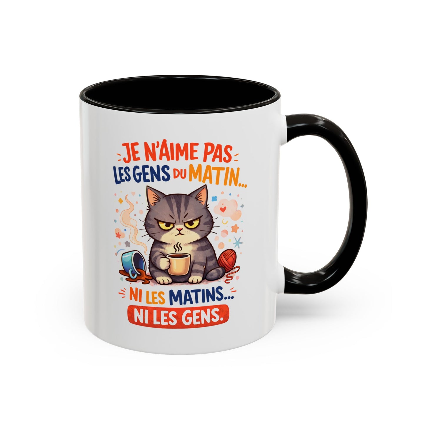 Tasse Chat Drôle “Je n’aime pas les gens du matin” – Mug Humour Chat Café Noir Bleu Rouge – Cadeau Original Amoureux des Chats 325ml