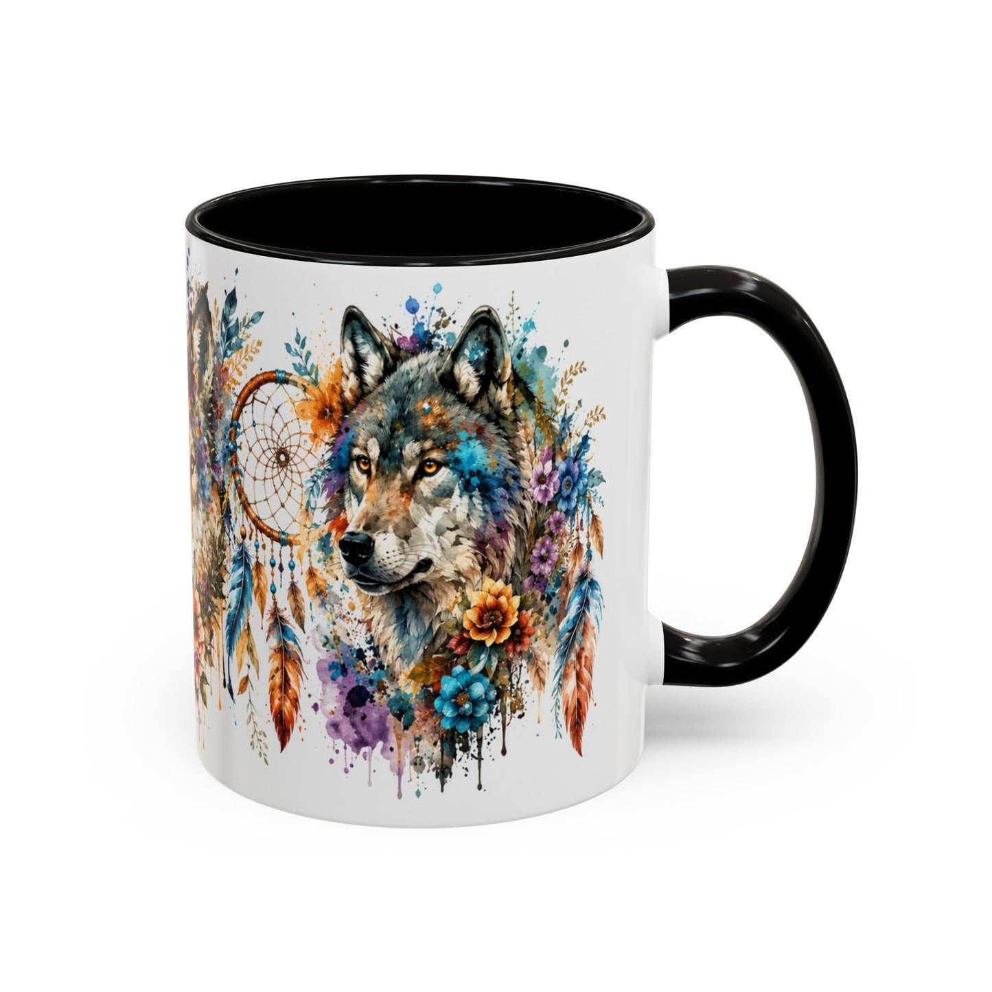 Tasse Loup Bohème – Mug Attrape-Rêves et Fleurs Colorées – Cadeau Animal Spirituel Homme Femme 325ml