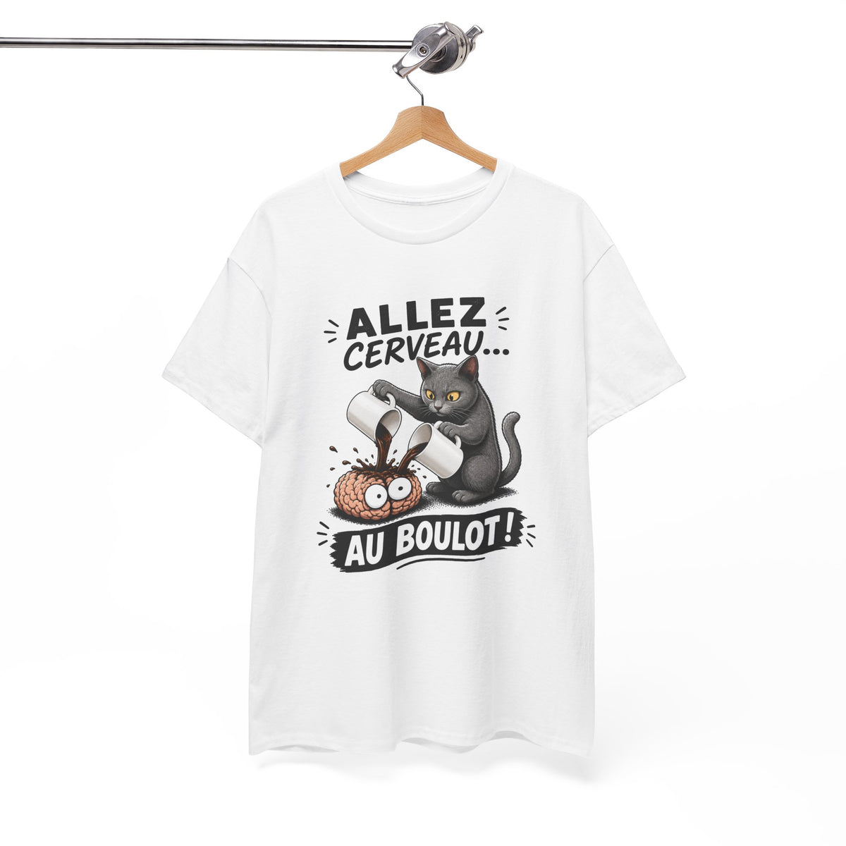 Tee Shirt Humour Homme et Femme – Allez Cerveau au Boulot – T-Shirt Chat Café Fatigue Travail Cadeau Drôle Original