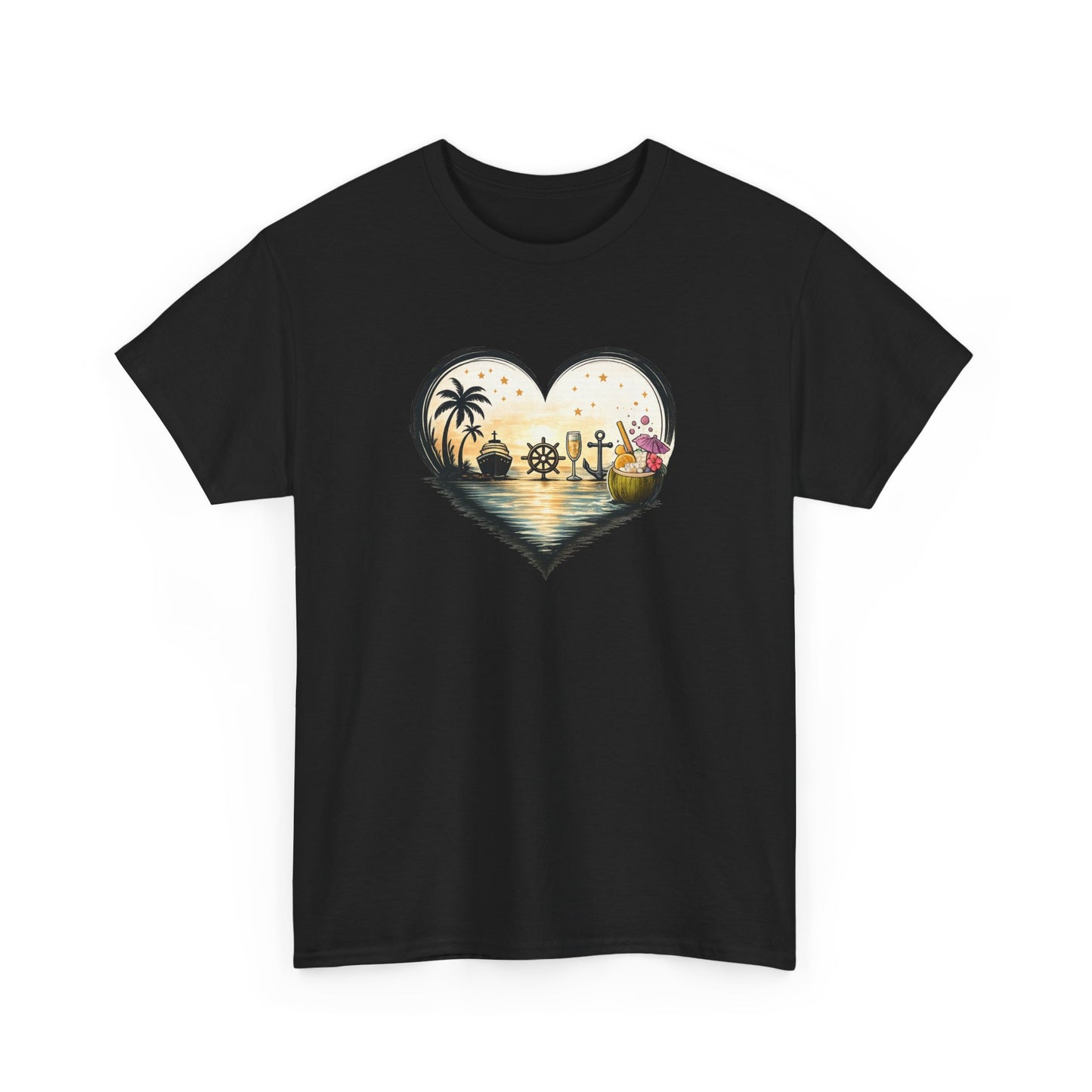 T-Shirt Cœur Océan Tropical – Design Voyage Mer et Cocktails – Tee-Shirt Ambiance Vacances et Liberté