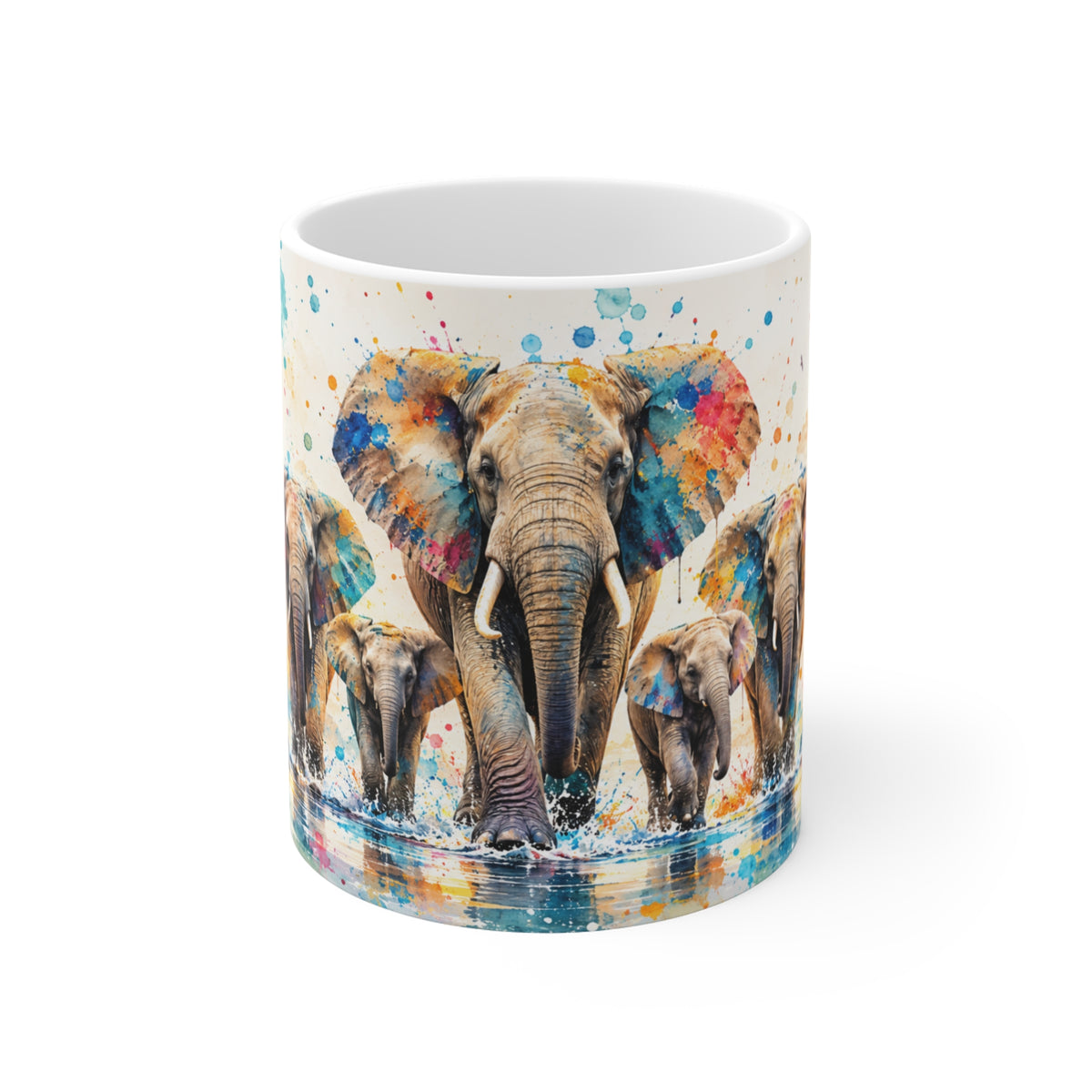 Mug Famille d’Éléphants Colorés – Tasse Style Aquarelle Afrique Savane – Cadeau Original Amoureux des Animaux