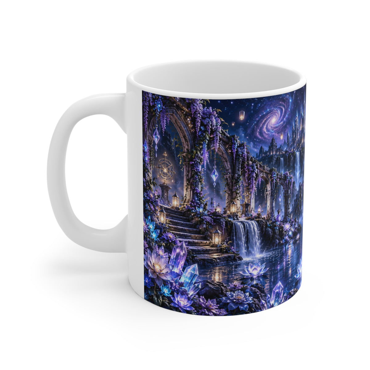 Mug Château Féérique sous la Lune – Tasse Paysage Fantastique avec Cascades, Pont, Cristaux et Fleurs – Cadeau Original Univers Magique