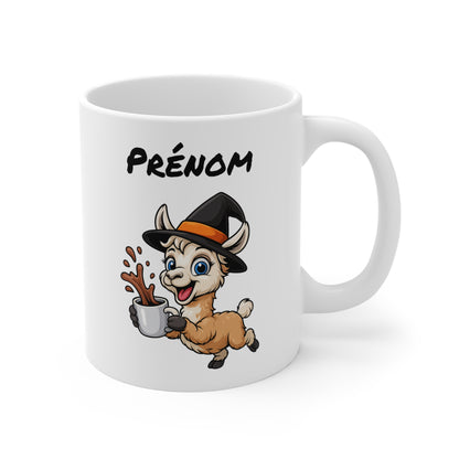 Tasse Personnalisable Lama Sorcier Café – Mug Céramique 325ml avec Prénom – Illustration Halloween