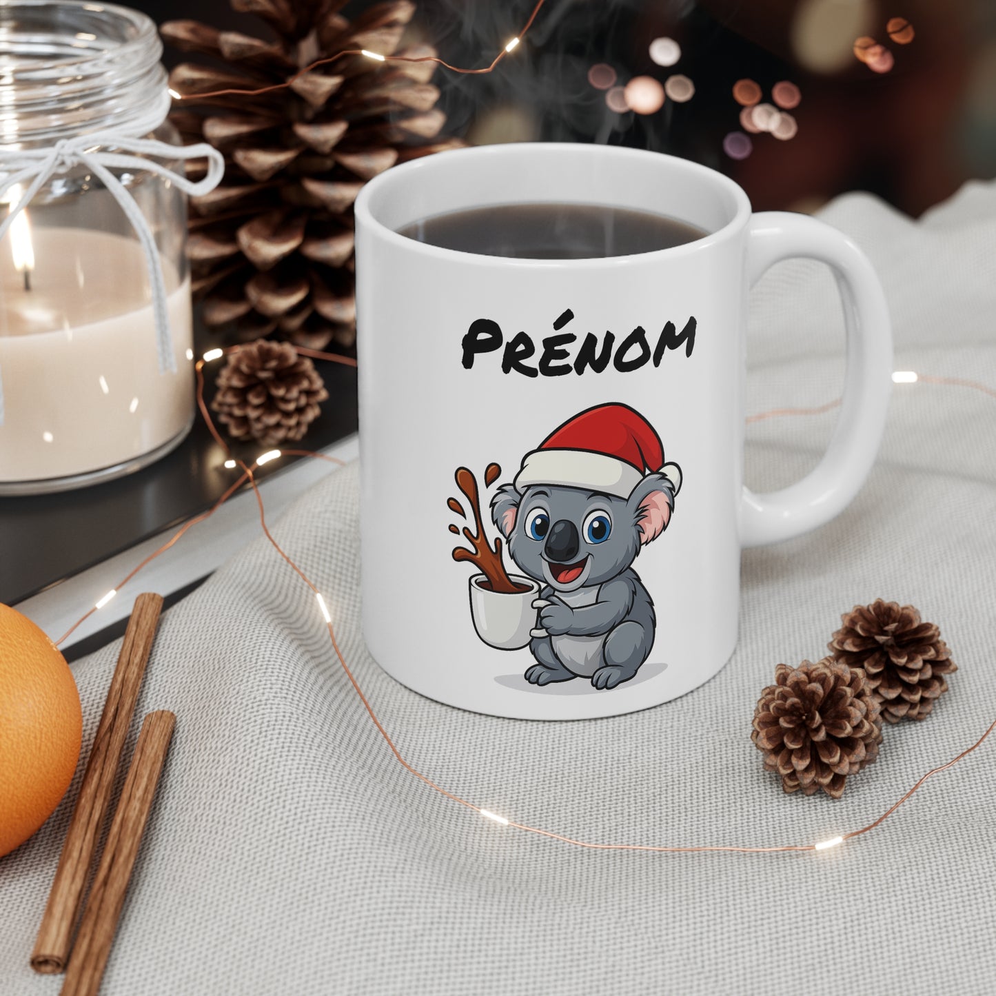 Tasse Personnalisable Koala Noël – Mug Prénom Céramique 325ml – Cadeau Fêtes Mignon Original