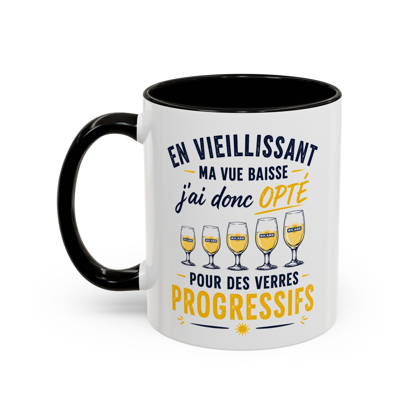 Mug Humour Pastis et Vieillesse – En Vieillissant Ma Vue Baisse J’ai Donc Opté pour des Verres Progressifs – Cadeau Drôle 325ml