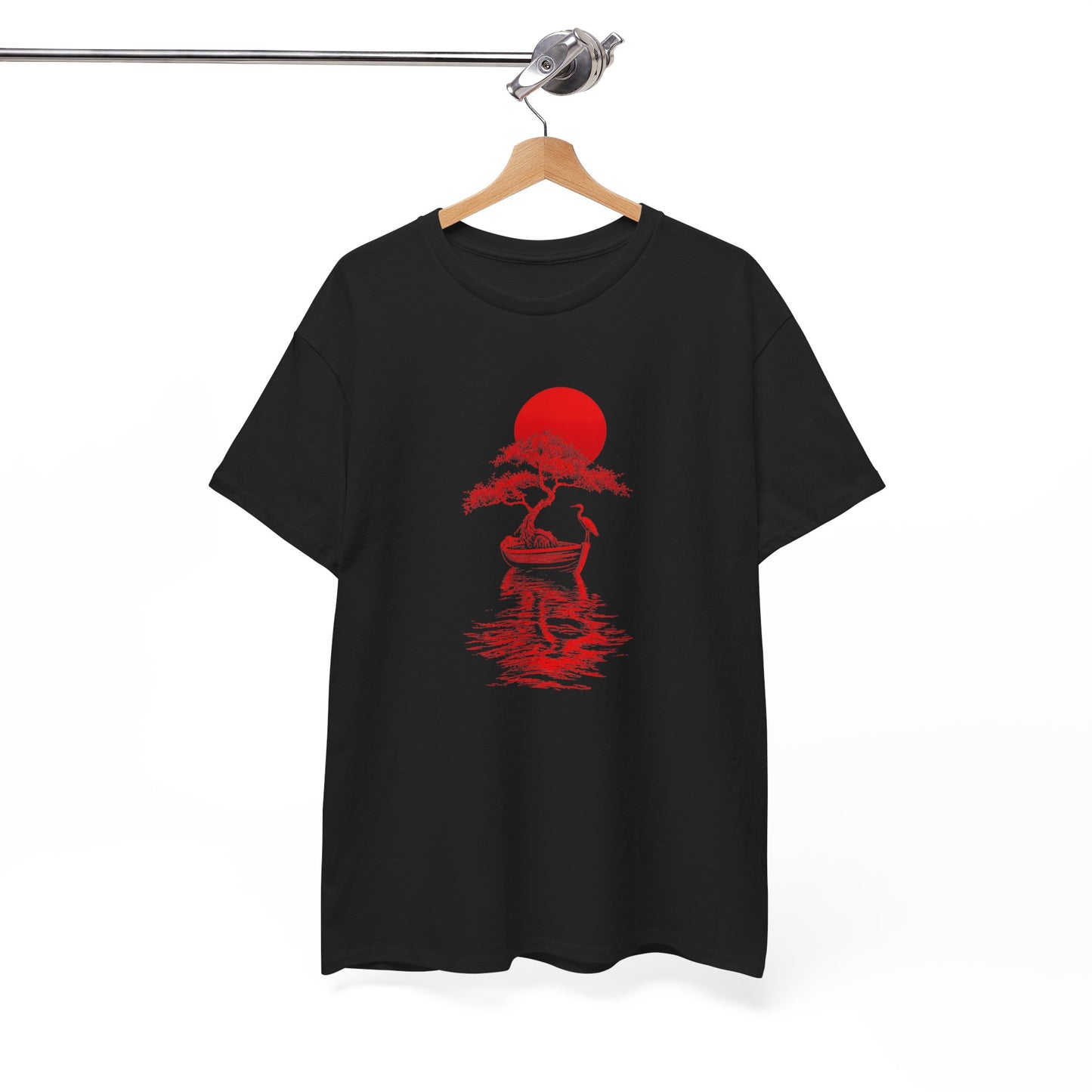Tee Shirt Homme et Femme Japonais Bonsaï Héron Soleil Rouge Paysage Zen Nature Asiatique Art Traditionnel