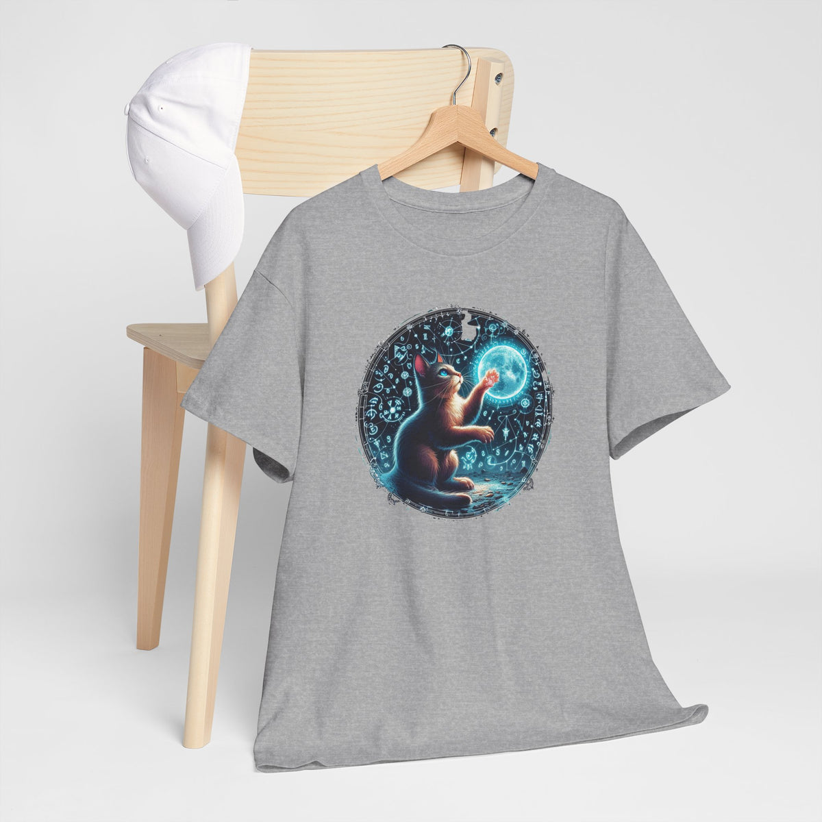 Tee Shirt Chat Mystique Homme Femme – T-Shirt Chat Lune Magique – Univers Astral Ésotérique – Design Fantastique Bleu