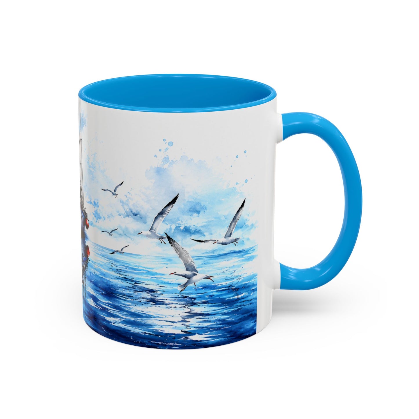 Tasse Bateau Marin – Mug Océan Aquarelle avec Mouettes – Cadeau Mer Pêche Homme Femme 325ml