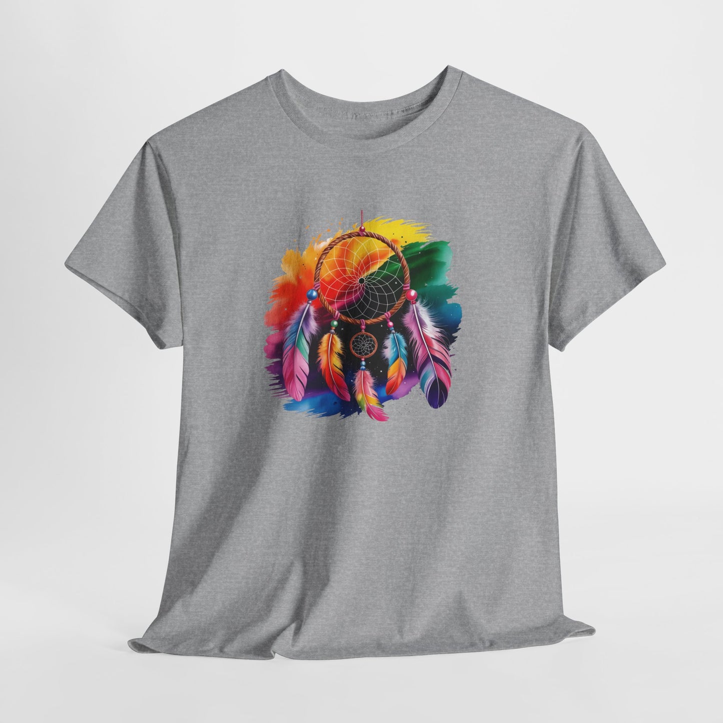 T-Shirt Attrape Rêves Bohème Coloré – Tee Shirt Dreamcatcher Spirituel avec Plumes – Cadeau Style Ethnique Noir Blanc Gris